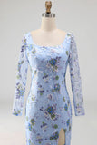 Blue Scoop Neck Long Mermaid Floral Mother Of the Bride Dress with Slit