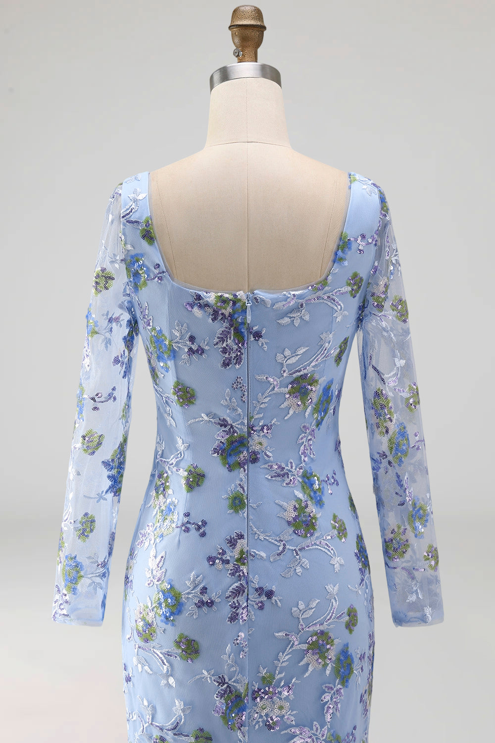 Blue Scoop Neck Long Mermaid Floral Mother Of the Bride Dress with Slit