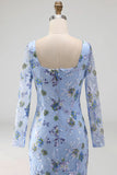Blue Scoop Neck Long Mermaid Floral Mother Of the Bride Dress with Slit