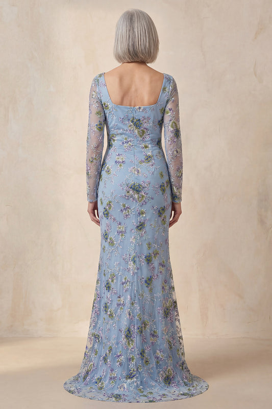 Blue Scoop Neck Long Mermaid Floral Mother Of the Bride Dress with Slit