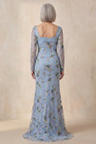 Blue Scoop Neck Long Mermaid Floral Mother Of the Bride Dress with Slit