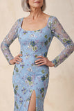 Blue Scoop Neck Long Mermaid Floral Mother Of the Bride Dress with Slit