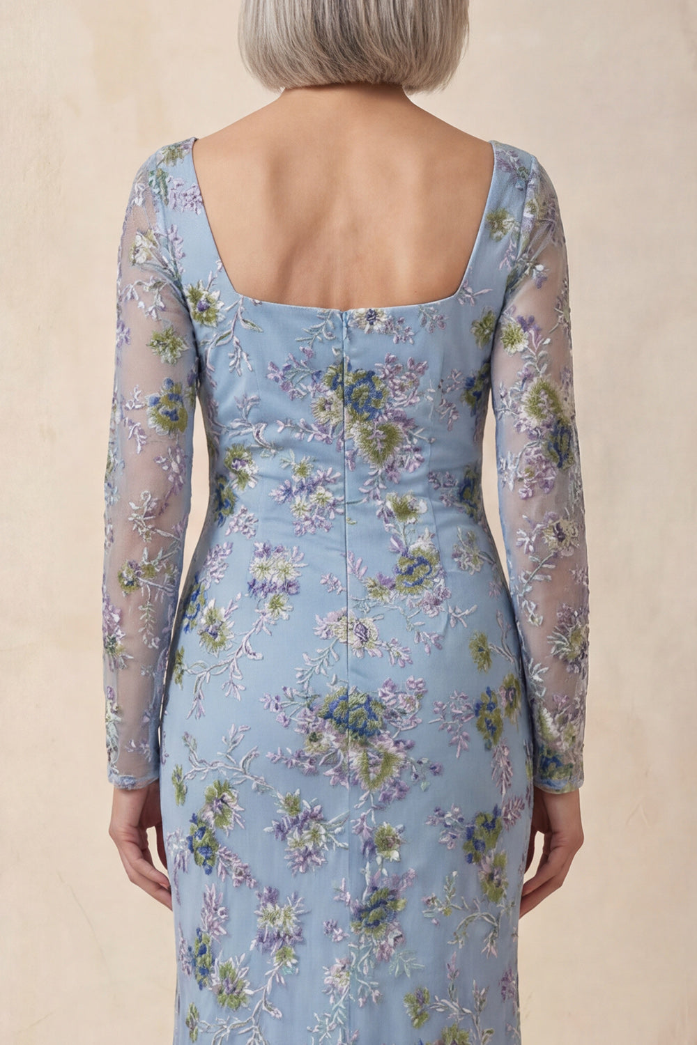 Blue Scoop Neck Long Mermaid Floral Mother Of the Bride Dress with Slit