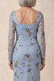 Blue Scoop Neck Long Mermaid Floral Mother Of the Bride Dress with Slit