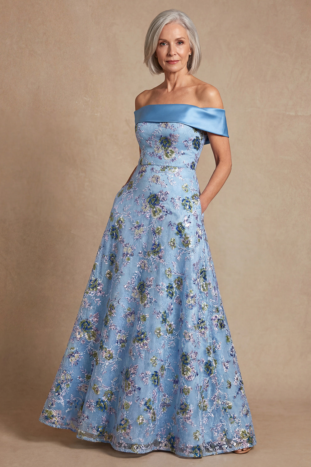 Blue Off the Shoulder Long A Line Floral Mother of the Bride Dress