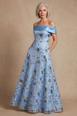 Blue Off the Shoulder Long A Line Floral Mother of the Bride Dress