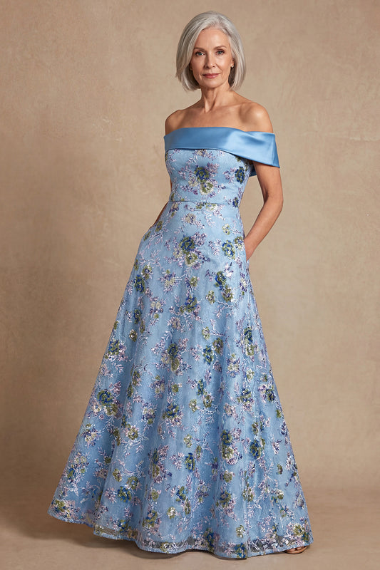 Blue Off the Shoulder Long A Line Floral Mother of the Bride Dress