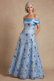 Blue Off the Shoulder Long A Line Floral Mother of the Bride Dress