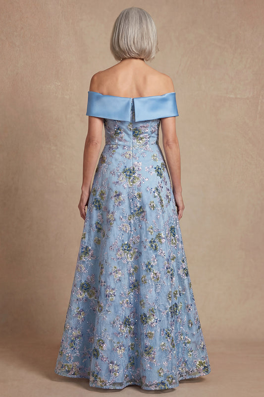 Blue Off the Shoulder Long A Line Floral Mother of the Bride Dress