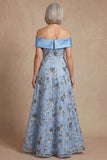 Blue Off the Shoulder Long A Line Floral Mother of the Bride Dress