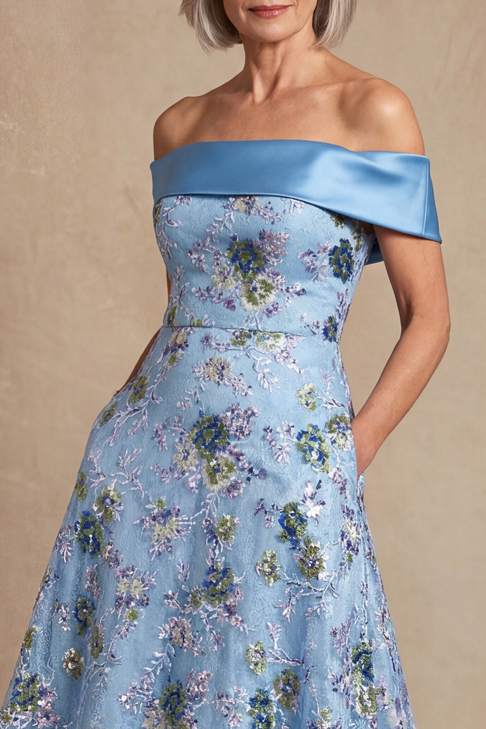 Blue Off the Shoulder Long A Line Floral Mother of the Bride Dress