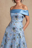 Blue Off the Shoulder Long A Line Floral Mother of the Bride Dress