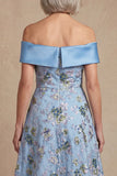 Blue Off the Shoulder Long A Line Floral Mother of the Bride Dress