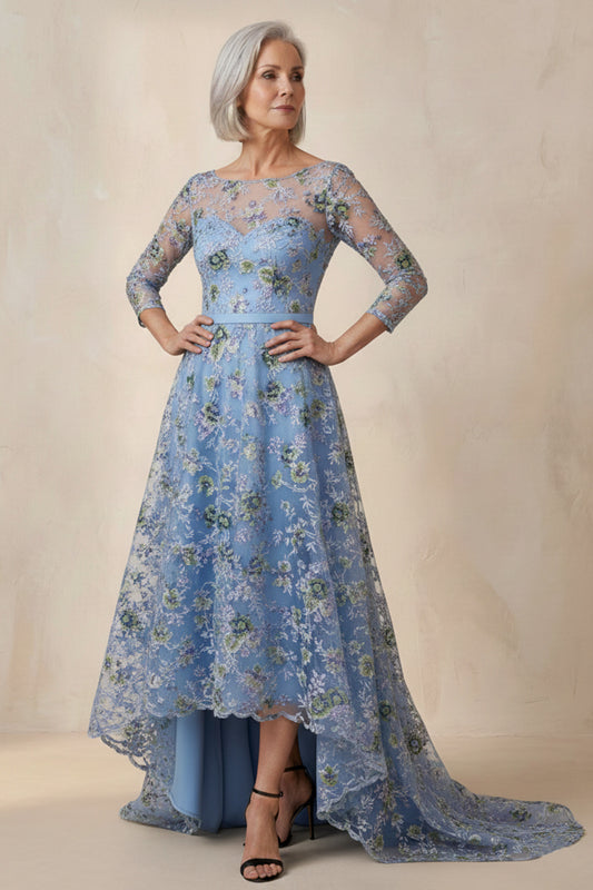 Blue Floral Boat Neck High Low A Line Mother of the Bride Dress with Sleeves