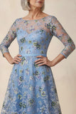 Blue Floral Boat Neck High Low A Line Mother of the Bride Dress with Sleeves