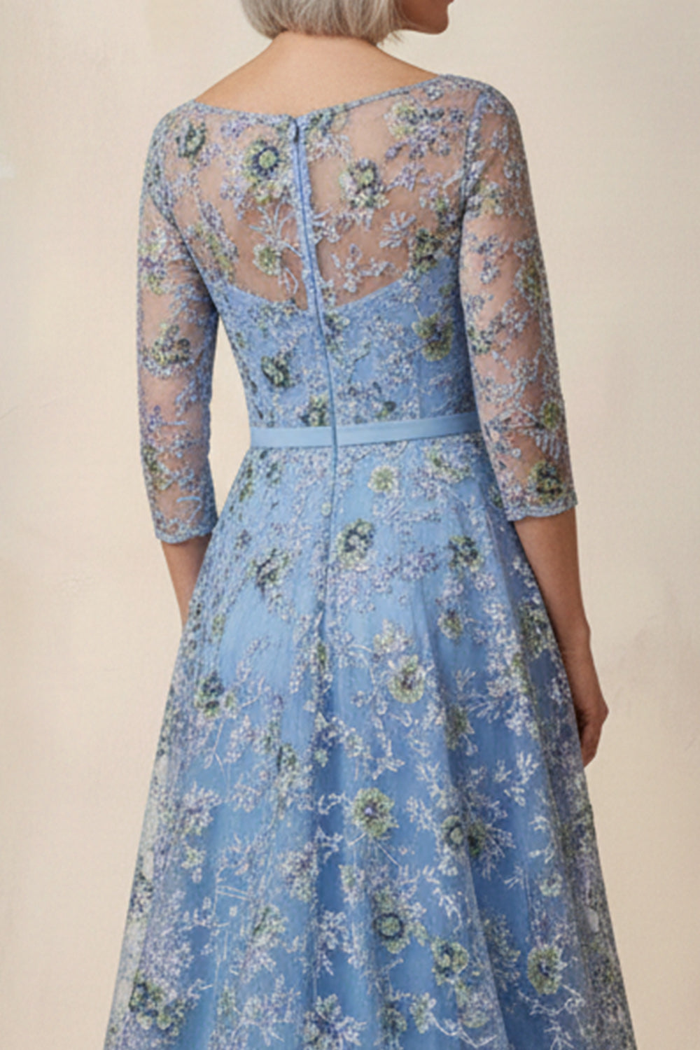 Blue Floral Boat Neck High Low A Line Mother of the Bride Dress with Sleeves