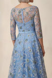 Blue Floral Boat Neck High Low A Line Mother of the Bride Dress with Sleeves