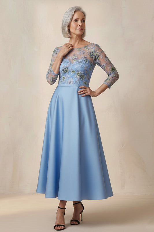 Blue Floral Round Neck A Line Long Mother of the Bride Dress