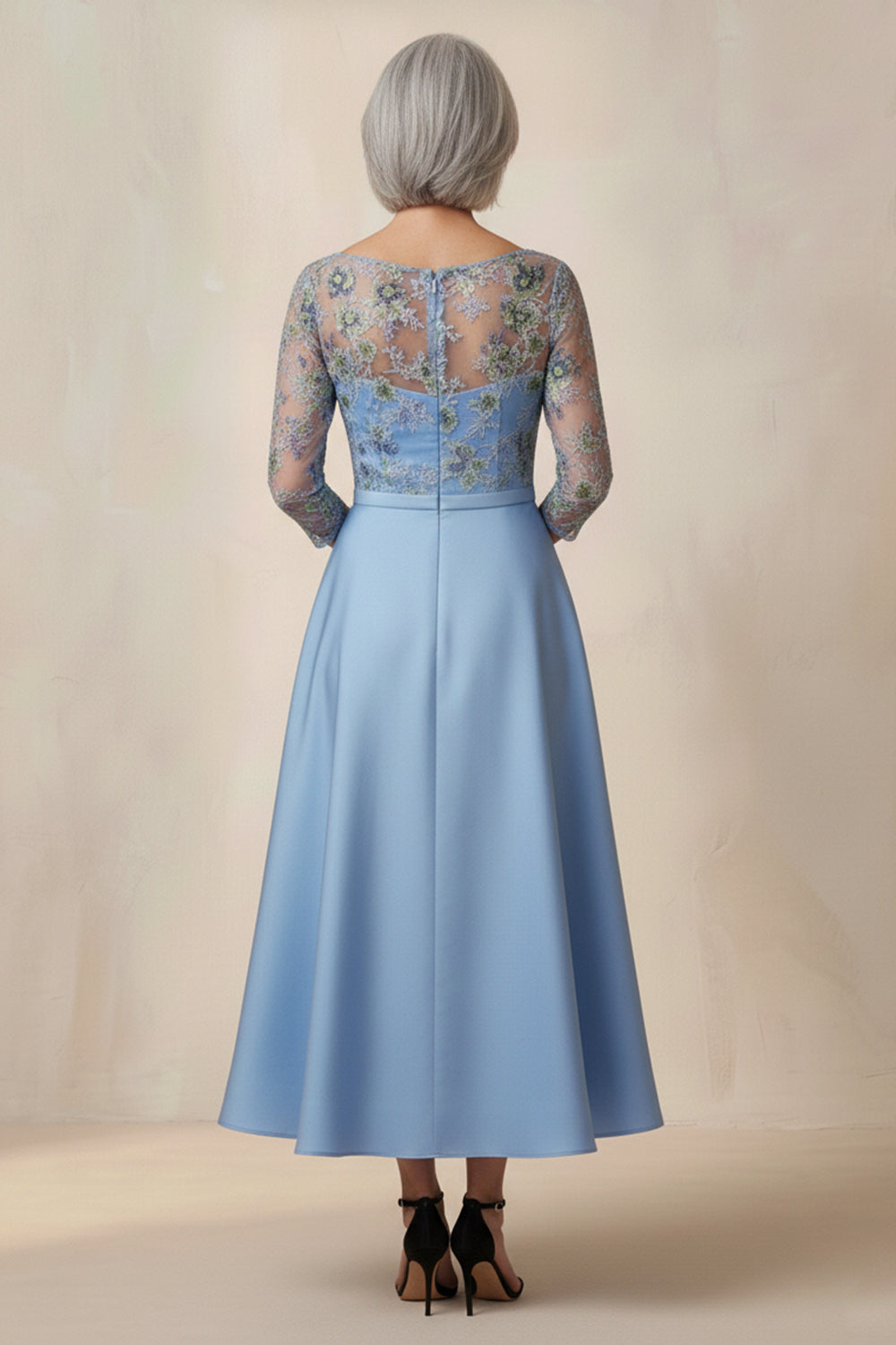 Blue Floral Round Neck A Line Long Mother of the Bride Dress