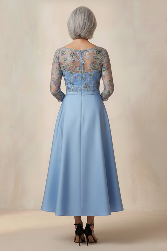 Blue Floral Round Neck A Line Long Mother of the Bride Dress