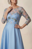 Blue Floral Round Neck A Line Long Mother of the Bride Dress