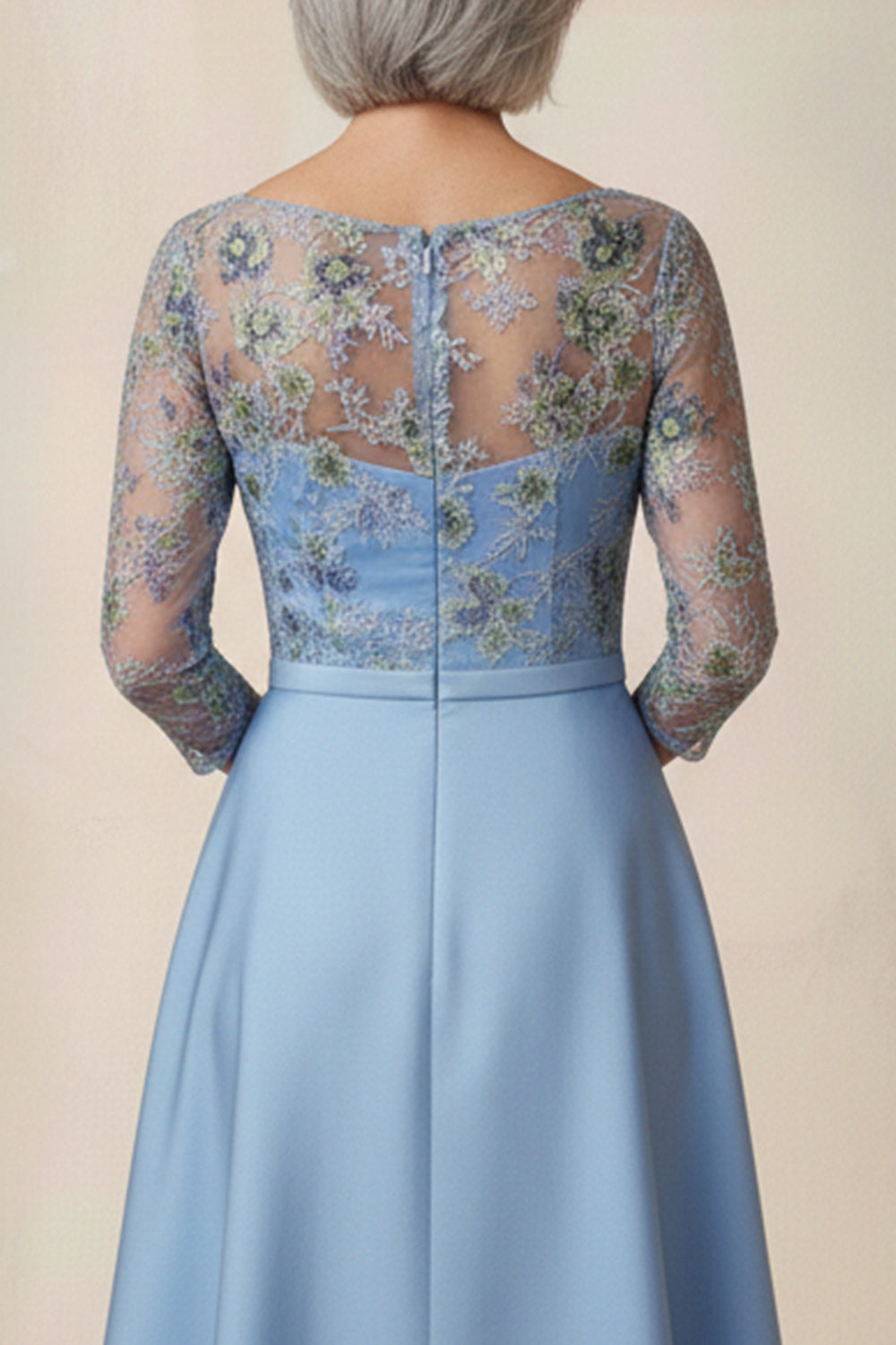 Blue Floral Round Neck A Line Long Mother of the Bride Dress