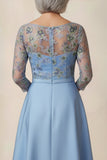 Blue Floral Round Neck A Line Long Mother of the Bride Dress