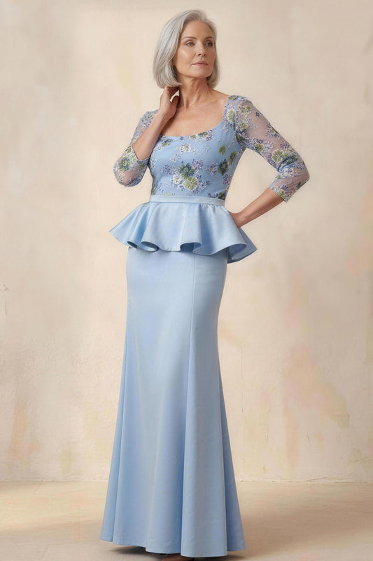 Scoop Blue Floral Mermaid Long Ruffled Mother of the Bride Dress with Sleeves