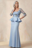 Scoop Blue Floral Mermaid Long Ruffled Mother of the Bride Dress with Sleeves