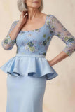 Scoop Blue Floral Mermaid Long Ruffled Mother of the Bride Dress with Sleeves