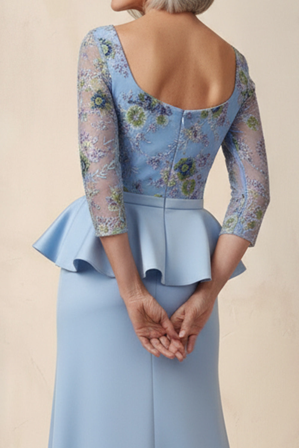 Scoop Blue Floral Mermaid Long Ruffled Mother of the Bride Dress with Sleeves