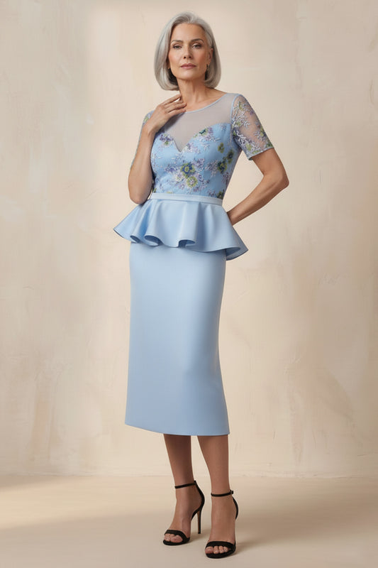 Round Neck Blue Floral Sheath Ruffled Midi Mother of the Bride Dress with Sleeves
