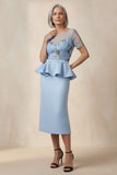 Round Neck Blue Floral Sheath Ruffled Midi Mother of the Bride Dress with Sleeves