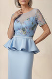 Round Neck Blue Floral Sheath Ruffled Midi Mother of the Bride Dress with Sleeves