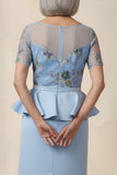 Round Neck Blue Floral Sheath Ruffled Midi Mother of the Bride Dress with Sleeves