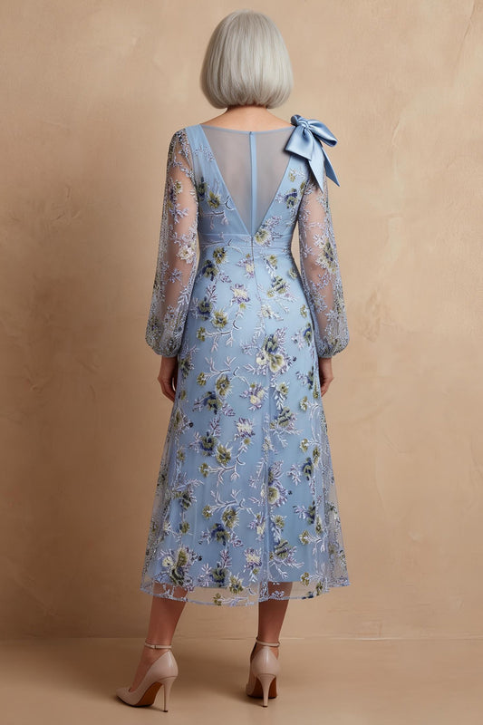 Floral A Line Blue Long Mother of the Bride Dress with Bow