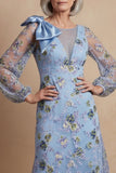 Floral A Line Blue Long Mother of the Bride Dress with Bow