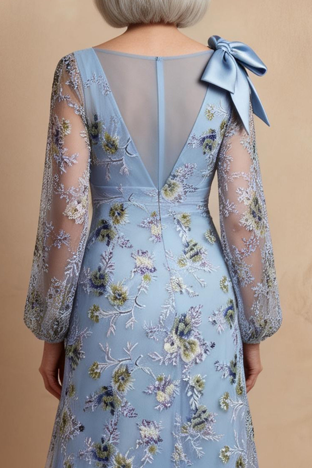 Floral A Line Blue Long Mother of the Bride Dress with Bow