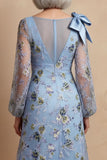 Floral A Line Blue Long Mother of the Bride Dress with Bow