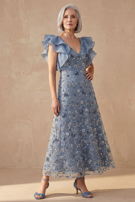 Twilight V Neck A Line Long Floral Mother of the Bride Dress with Ruffles