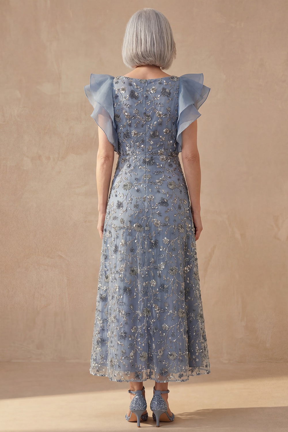 Twilight V Neck A Line Long Floral Mother of the Bride Dress with Ruffles