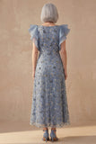 Twilight V Neck A Line Long Floral Mother of the Bride Dress with Ruffles