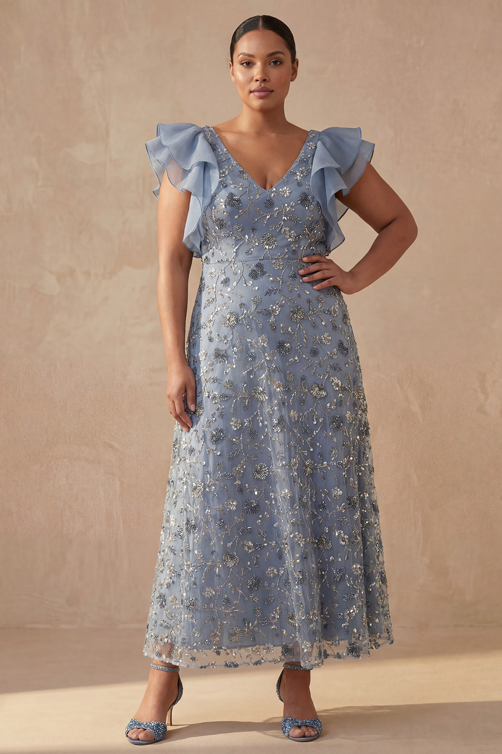 Twilight V Neck A Line Long Floral Mother of the Bride Dress with Ruffles