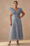 Twilight V Neck A Line Long Floral Mother of the Bride Dress with Ruffles