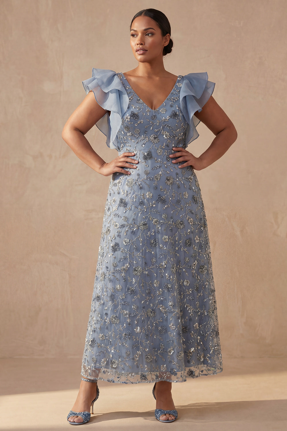 Twilight V Neck A Line Long Floral Mother of the Bride Dress with Ruffles