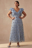 Twilight V Neck A Line Long Floral Mother of the Bride Dress with Ruffles