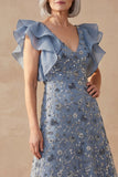 Twilight V Neck A Line Long Floral Mother of the Bride Dress with Ruffles