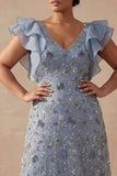 Twilight V Neck A Line Long Floral Mother of the Bride Dress with Ruffles