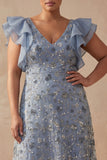Twilight V Neck A Line Long Floral Mother of the Bride Dress with Ruffles