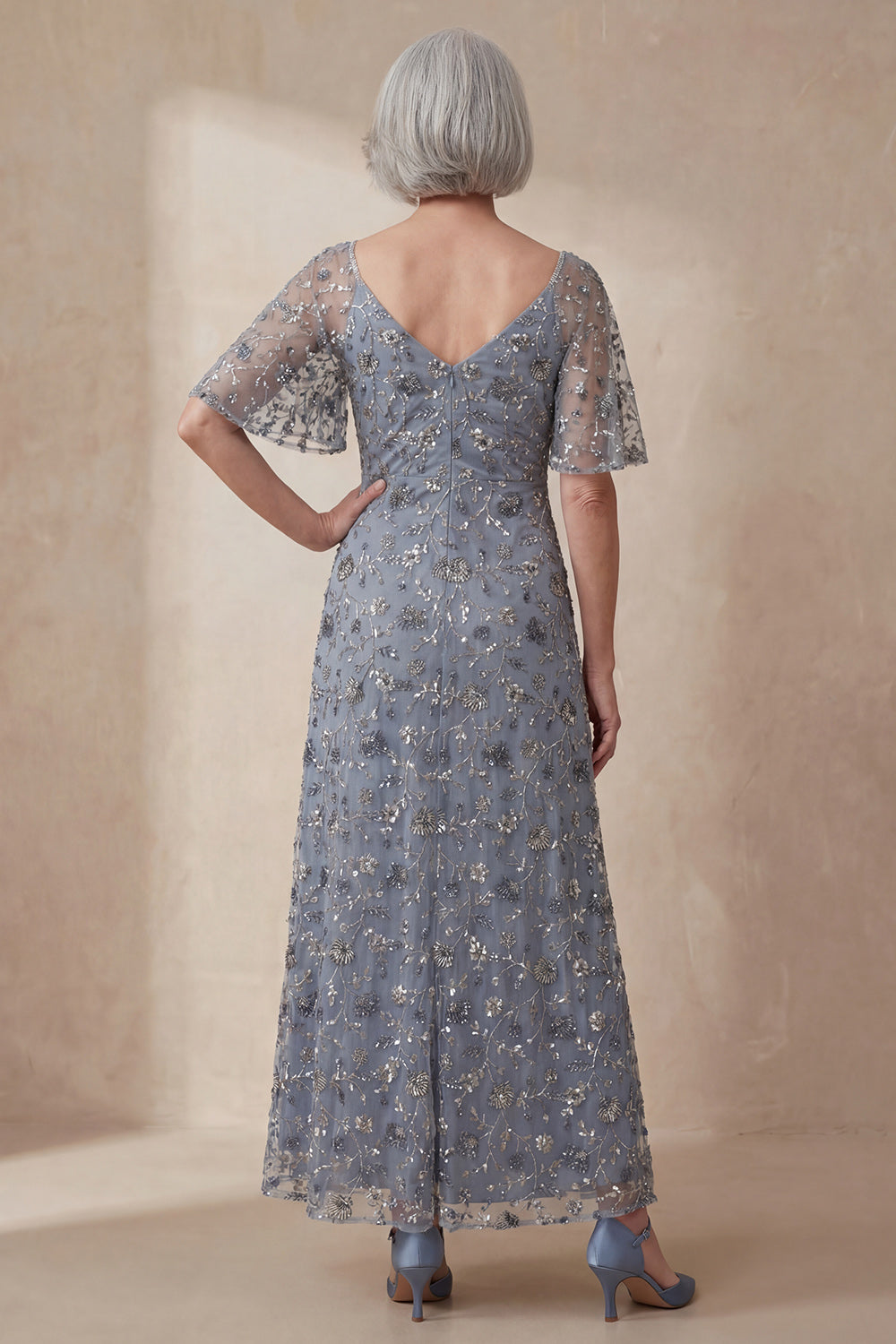 V Neck Twilight Floral A Line Long Mother of the Bride Dress